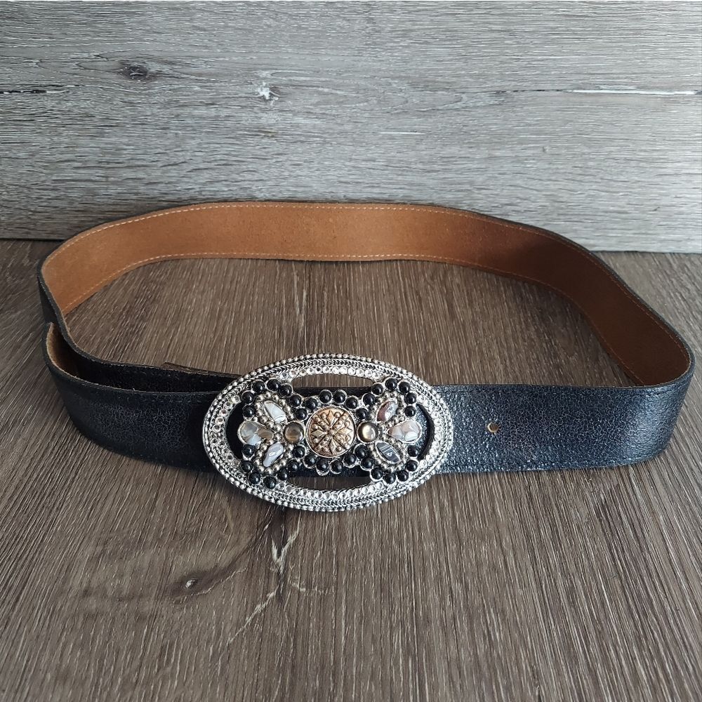 Leatherock Ladies Genuine Black Leather Belt Rhinestone Buckle Size Medium 34